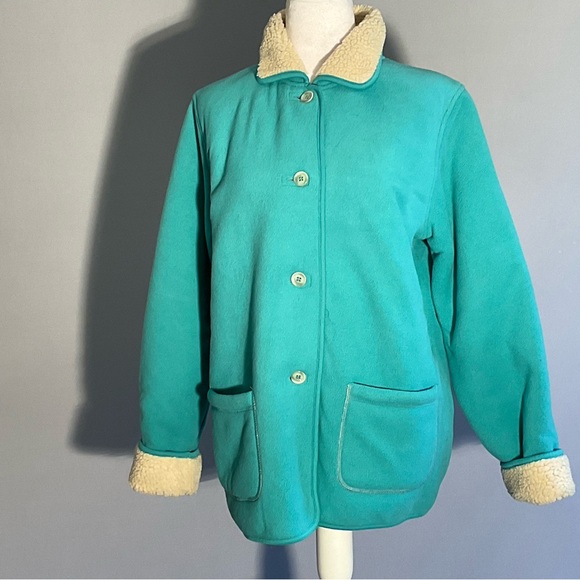 Denim & Co Turquoise Fleece Jacket Sherpa Collar Cozy Casual Button Front - Picture 6 of 16